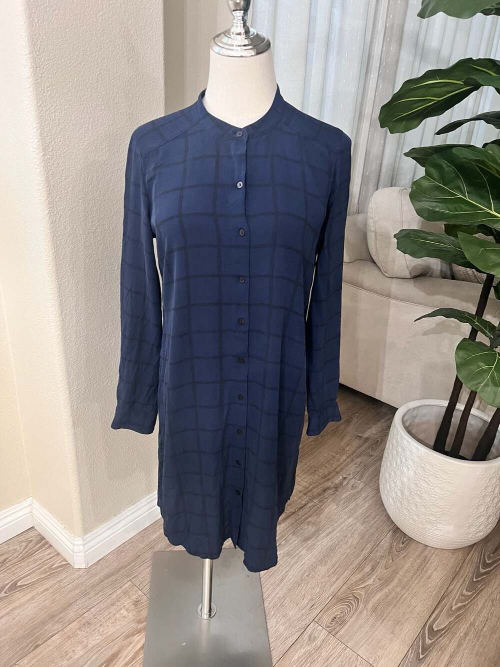 Eileen Fisher Blue Checkered 100% Silk Long Sleeve Button Down Tunic Dress